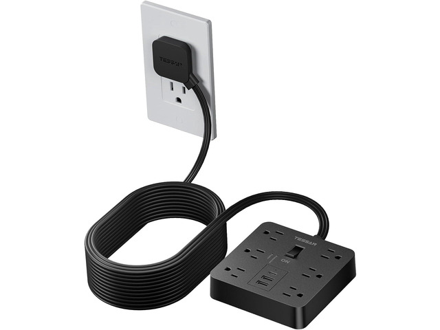 Flat Plug Extension Cord 15 Ft, TESSAN Surge Protector Power Strip with 6 Outlets and 3 USB Ports, 1700 Joules, Desktop Black Long Power Cord for...