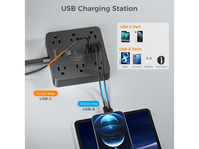 Black Surge Protector Power Strip, TESSAN Flat Plug Extension Cord 5 FT with 6 Outlets 3 USB Charger (1 USB C), 1700J Protection Multiple Outlets...