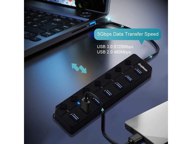 7-Port USB 3.0 Hub with Individual Power Switches and LED Lights, High-Speed Data Hub Splitter Portable USB Extension Hub for PC Laptop and More...