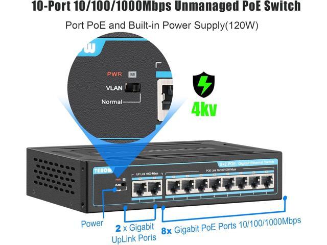 TEROW 10-Port Gigabit PoE+ Network Switch: Featuring 8 PoE+ Ports, 2 Enhanced Uplink Ports, 802.3af/at Compliant, Plug & Play, with Shielded Ports,...