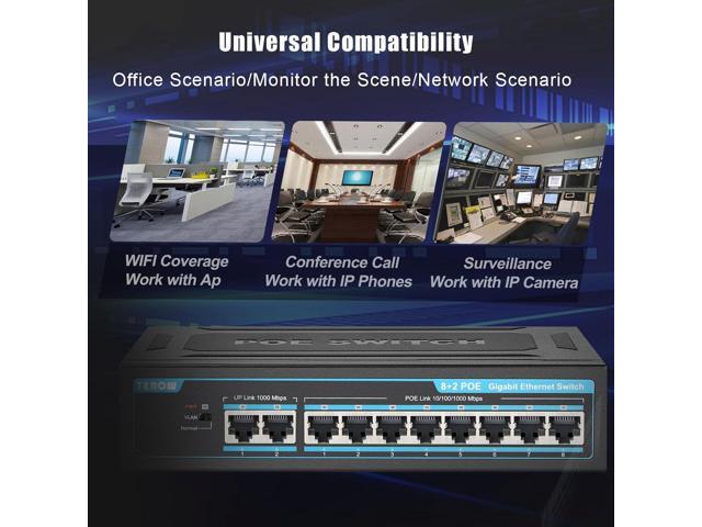 TEROW 10-Port Gigabit PoE+ Network Switch: Featuring 8 PoE+ Ports, 2 Enhanced Uplink Ports, 802.3af/at Compliant, Plug & Play, with Shielded Ports,...