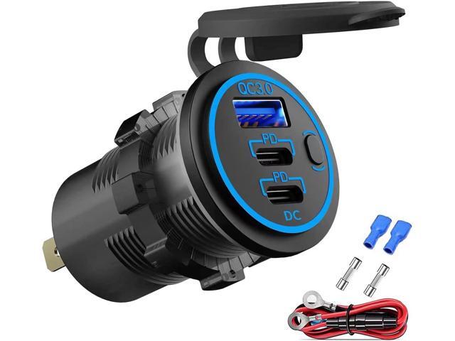 12V USB Outlet Wire USB Charger Multi Port, Dual PD3.0 USB-C and Quick Charge3.0 Car USB Port Socket with Power Switch, Fast Charge for iPhone iPad.