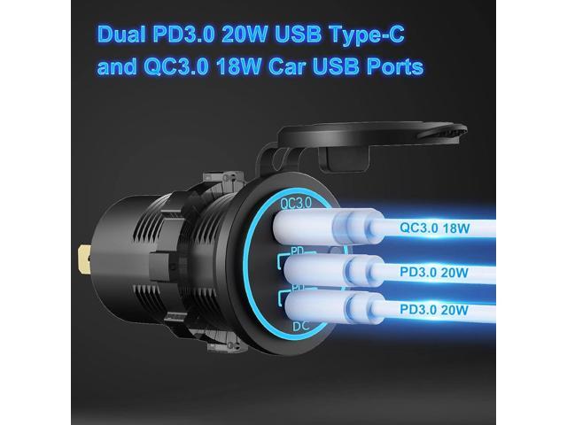 12V USB Outlet Wire USB Charger Multi Port, Dual PD3.0 USB-C and Quick Charge3.0 Car USB Port Socket with Power Switch, Fast Charge for iPhone iPad...