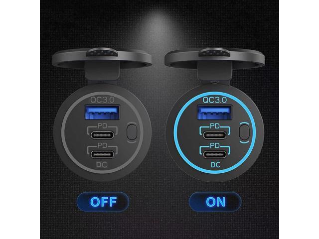12V USB Outlet Wire USB Charger Multi Port, Dual PD3.0 USB-C and Quick Charge3.0 Car USB Port Socket with Power Switch, Fast Charge for iPhone iPad...