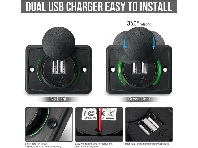 OPL5 12V RV USB Charger, Quick Charger 3.0 Wall Mount USB Charging Station with Green Indicator Light and Cap for Car Camper Boat Marine SUV ATV...