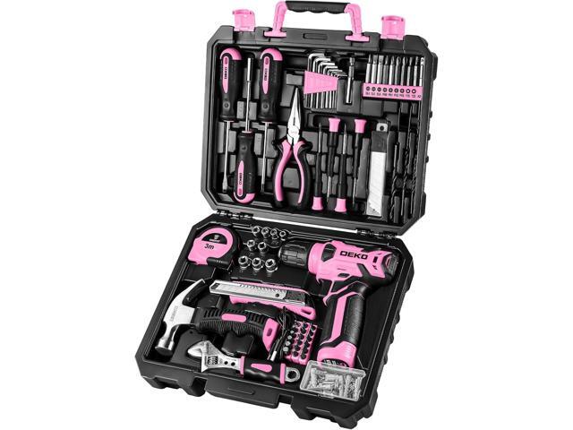 DEKOPRO Drill Set: Tool Set with 8V Pink Cordless Drill, Home Tool Kit with Drill, Hand Tool Kits for Women 126 Piece