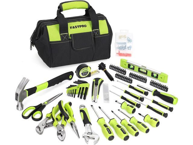FASTPRO 220-Piece Home Tool Set, Household Repairing Tool Kit, with 12-Inch Wide Mouth Open Storage Tool Bag, Green