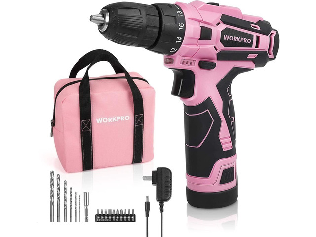 WORKPRO Pink Cordless Drill Driver Set, 12V Electric Screwdriver Driver Tool Kit, 3/8' Keyless Chuck, Charger and Storage Bag Included - Pink Ribbon