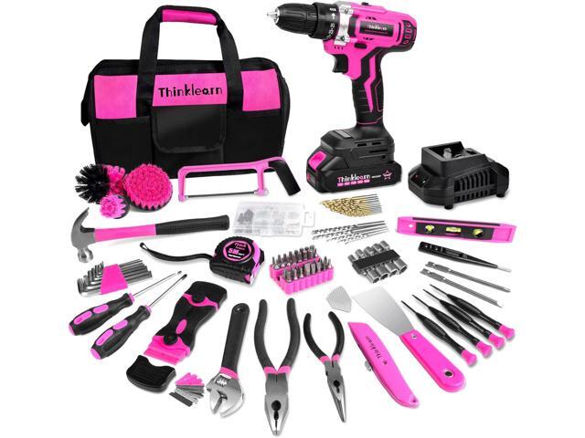 Tool Kit with 20V Cordless Drill(265in-lbs), Pink Drill Set for Women, Lady's Home Tool Kit for DIY, Daily Repair Tool Set as a Creative Gift with...