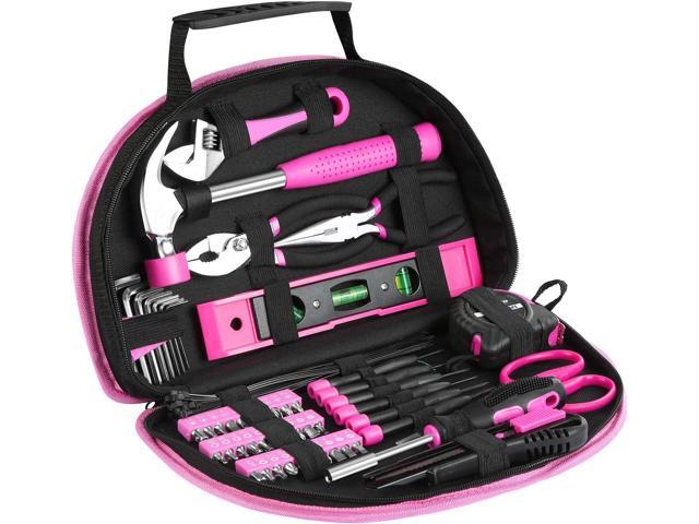EXCITED WORK 69-Piece Pink Tool kit, Ladies Hand Tool Set with Easy Carrying Round Pouch for DIY, Home Maintenance and Dorm Repair