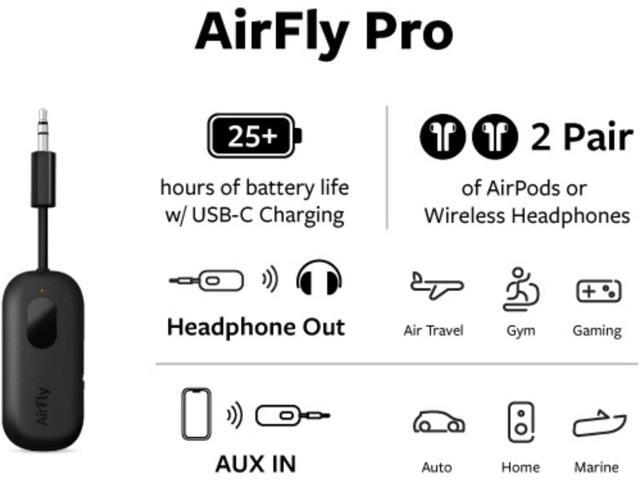 Twelve South AirFly Pro Bluetooth Wireless Audio Transmitter/Receiver for up to 2 AirPods/Wireless Headphones; Use with Any 3.5 mm Audio Jack, Black