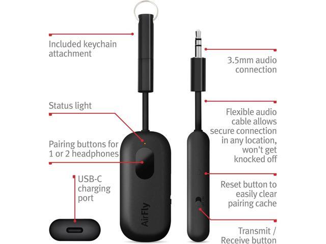 Twelve South AirFly Pro Bluetooth Wireless Audio Transmitter/Receiver for up to 2 AirPods/Wireless Headphones; Use with Any 3.5 mm Audio Jack, Black