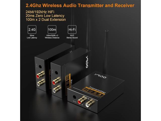 YMOO 3 in 1 2.4Ghz Wireless Audio Transmitter and Receiver,2 Receivers for Two Speakers,20ms Ultra Low Latency,192kHz/24bit HiFi,320ft Range RCA...