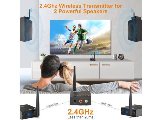 YMOO 3 in 1 2.4Ghz Wireless Audio Transmitter and Receiver,2 Receivers for Two Speakers,20ms Ultra Low Latency,192kHz/24bit HiFi,320ft Range RCA...