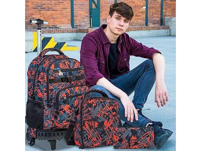 ZLYERT 3PCS Rolling Backpack for Boys, Travel Wheeled Backpacks for Adults, Teens College Roller Bookbag with Wheels for Men - Red