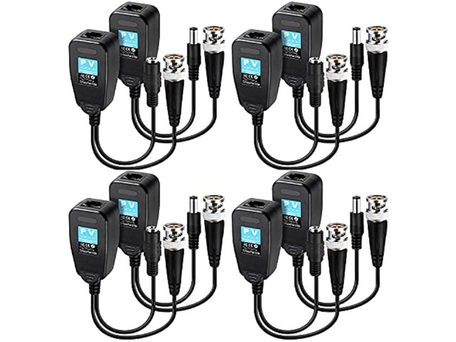 Passive Video Balun 4 Pairs RJ45 Transceiver Transmitter HD-CVI/TVI/AHD/CVBS with DC Built-in Transient Suppression Protection for...