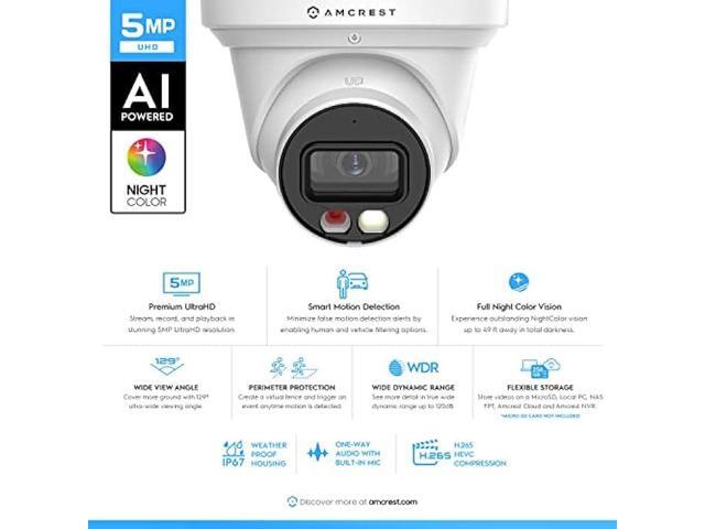 Amcrest 5MP AI Turret IP PoE Camera w/ 49ft Nightvision, Security IP Camera Outdoor, Built-in Microphone, Human & Vehicle Detection, Active...