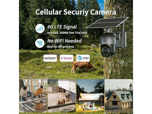 Xega 4G LTE Cellular Security Camera Outdoor Solar Camera Wireless, 2K HD Color Night Vision PTZ 360° View, Smart PIR Motion Detection, 2-Way Talk,...