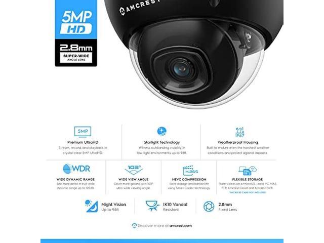 Amcrest 5MP POE Camera, Outdoor Vandal Dome Security POE IP Camera, 5-Megapixel, 98ft NightVision, 2.8mm Lens, IP67, IK10 Resistance, MicroSD 256GB...