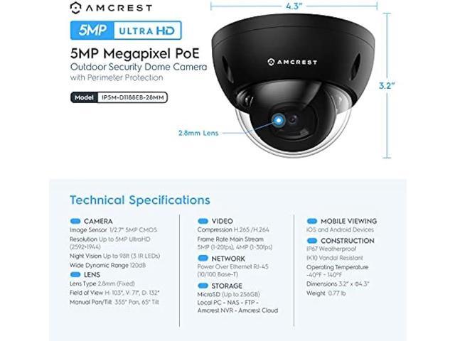 Amcrest 5MP POE Camera, Outdoor Vandal Dome Security POE IP Camera, 5-Megapixel, 98ft NightVision, 2.8mm Lens, IP67, IK10 Resistance, MicroSD 256GB...