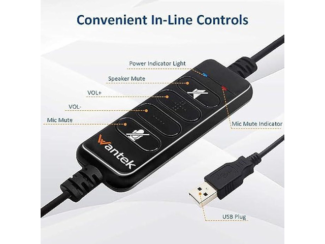 USB Headset with Microphone Noise Cancelling & Audio Controls, Computer Headphones for PC Laptop, Business, Home Office, Call Center, Skype, Zoom,...