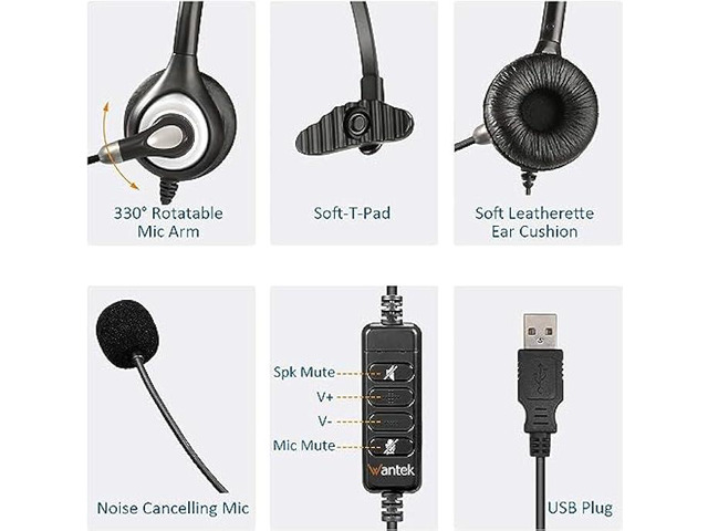USB Headset with Microphone Noise Cancelling & Audio Controls, Computer Headphones for PC Laptop, Business, Home Office, Call Center, Skype, Zoom,...