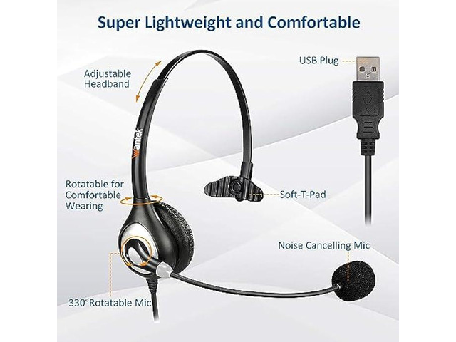 USB Headset with Microphone Noise Cancelling & Audio Controls, Computer Headphones for PC Laptop, Business, Home Office, Call Center, Skype, Zoom,...