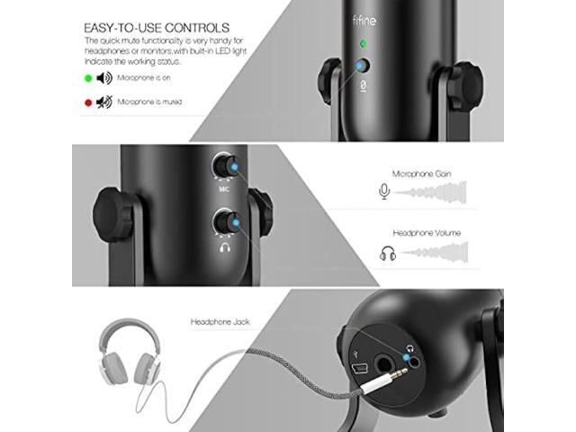 FIFINE USB Podcast Microphone for Recording Streaming, Condenser Computer Gaming Mic for PC Mac PS4. Headphone Output & Volume Control, Mic Gain...