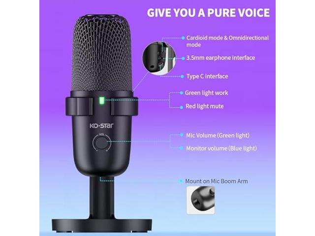 USB Microphone for PC,PC Mic for Streaming,Podcasts, Condenser Computer Desktop Mic on Mac/PS4/PS5 with Quick Mute,Gain knob & Monitoring Jack for...