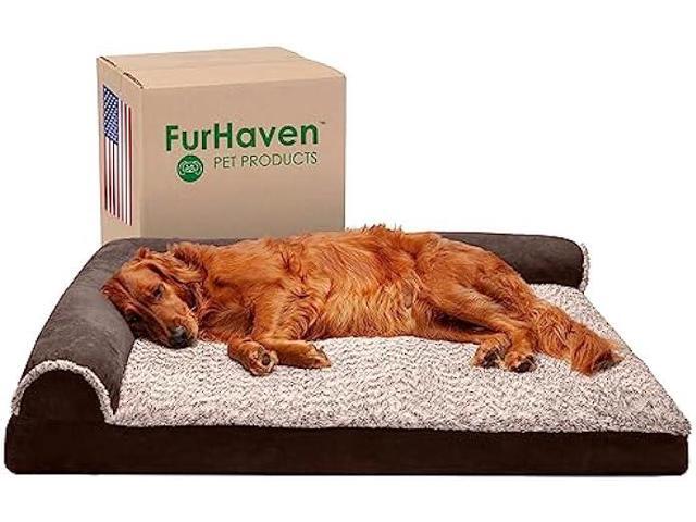 Furhaven Memory Foam Dog Bed for Large Dogs w/ Removable Bolsters & Washable Cover, For Dogs Up to 95 lbs - Two-Tone Plush Faux Fur & Suede L...
