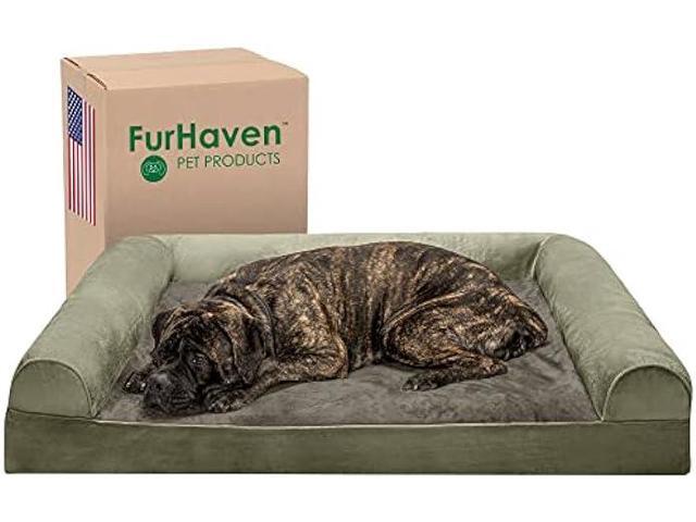 Furhaven Orthopedic Dog Bed for Large Dogs w/ Removable Bolsters & Washable Cover, For Dogs Up to 125 lbs - Faux Fur & Velvet Sofa - Dark Sage,...