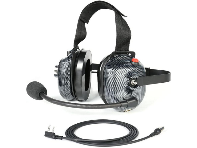 Carbon Fiber Style Behind The Head Two Way Radio Headset with Cord Cable, Volume Control Knob, 3.5mm Input Jack for Kenwood and BaoFeng 2-Pin Radios
