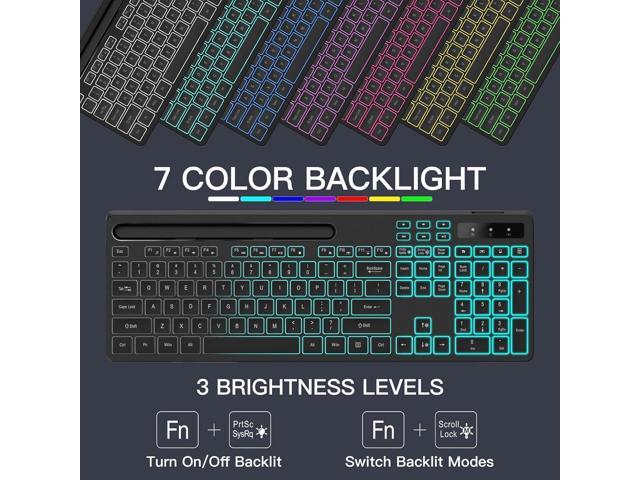 Wireless Keyboard with 7-Color RGB Backlit, Full-Size Computer Keyboard with Phone Tablet Holder, 2.4G Rechargeable Gaming Keyboard with Light Up...