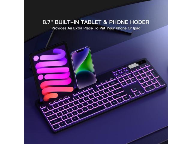 Wireless Keyboard with 7-Color RGB Backlit, Full-Size Computer Keyboard with Phone Tablet Holder, 2.4G Rechargeable Gaming Keyboard with Light Up...