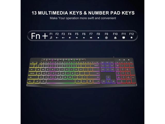 Wired Rainbow Backlit Keyboard, Quiet Light Up USB Computer Keyboard,Full Size Silent Keyboard with12 Multimedia Keys,Large Number...