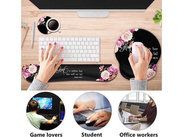 Keyboard Wrist Rest Pad and Ergonomic Mouse Pad Wrist Support Set for Computer, Gaming, Office, Pain Relief + CoastersPeony Flower Psalm 46:5 God...