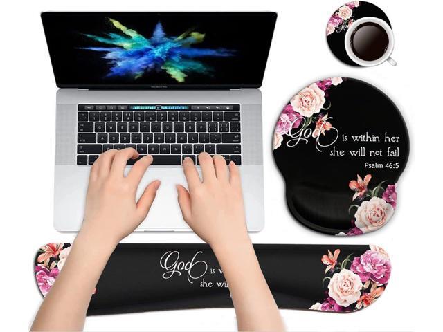 Keyboard Wrist Rest Pad and Ergonomic Mouse Pad Wrist Support Set for Computer, Gaming, Office, Pain Relief + CoastersPeony Flower Psalm 46:5 God...