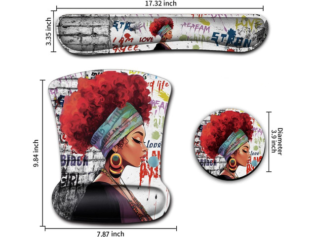 Ergonomic Mouse Pad Wrist Support Gel and Keyboard Wrist Rest Set African Graffiti Girls with Red Hair Design for Laptop Gaming and Office,...