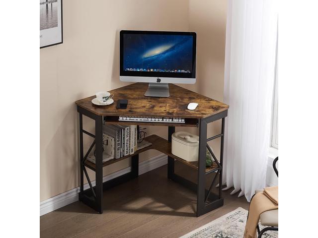 VECELO Corner Computer Desk Writing Smooth Keyboard Tray & Storage Shelves,Compact Home Office Triangle Table, Antique Brown