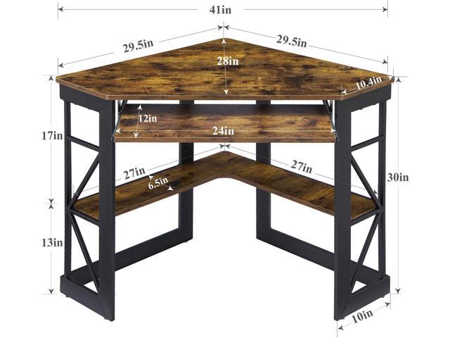 VECELO Corner Computer Desk Writing Smooth Keyboard Tray & Storage Shelves,Compact Home Office Triangle Table, Antique Brown