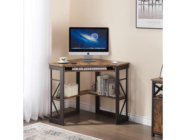 VECELO Corner Computer Desk Writing Smooth Keyboard Tray & Storage Shelves,Compact Home Office Triangle Table, Antique Brown