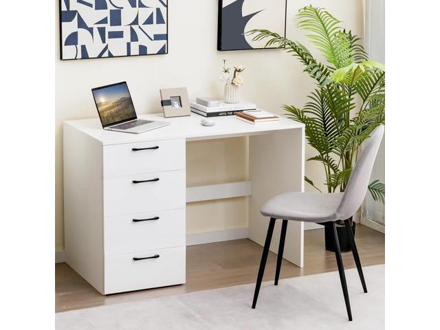 Tangkula White Desk with 4 Storage Drawers, Home Office Writing Desk, Modern Executive Desk, Laptop PC Desk, Vanity Makeup Table, Computer...