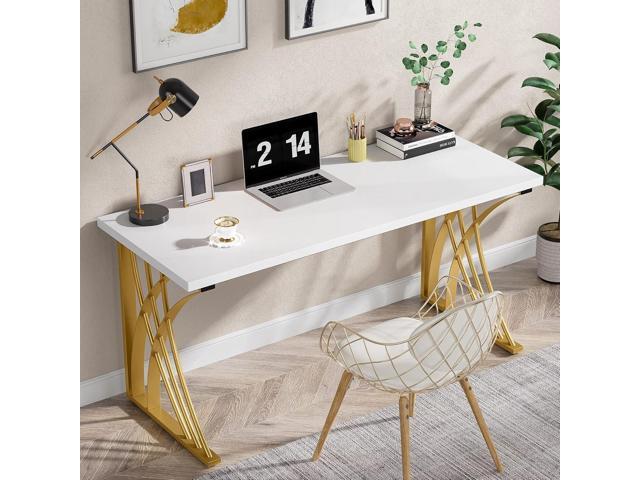 LITTLE TREE 55 Large Modern Computer Desk, White & Gold Luxury Laptop PC Student Table, Makeup Vanity Table with Thick Frame & Strong Legs, Sturdy...