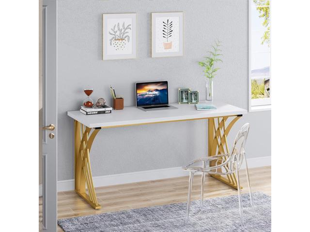 LITTLE TREE 55 Large Modern Computer Desk, White & Gold Luxury Laptop PC Student Table, Makeup Vanity Table with Thick Frame & Strong Legs, Sturdy...
