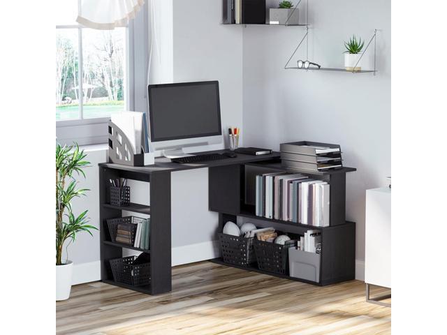 HOMCOM L Shaped Corner Desk, 360 Degree Rotating Home Office Desk with Storage Shelves, Writing Table Workstation, Black