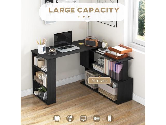 HOMCOM L Shaped Corner Desk, 360 Degree Rotating Home Office Desk with Storage Shelves, Writing Table Workstation, Black