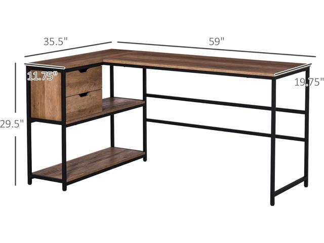 HOMCOM L-Shaped Home Offie Computer Desk with Storage Shelves, 2 Dawers and Industrial Steel Frame, Black/Brown