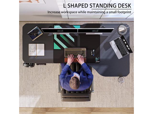 JWX Standing Adjustable Desk, 63 inches L Shaped Electric Standing Gaming Desk with Locking Wheels, Cup Holder, Headphone Hook, Cable Manager,...
