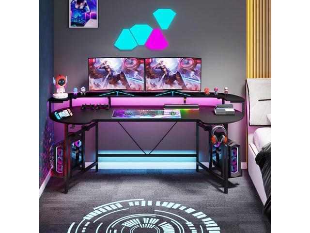 Tribesigns 75 Inch Gaming Desk with Monitor Shelf, Large PC Computer Desk with LED Lights, Gaming Table Gamer Desk for Bedroom, Home Office, Black