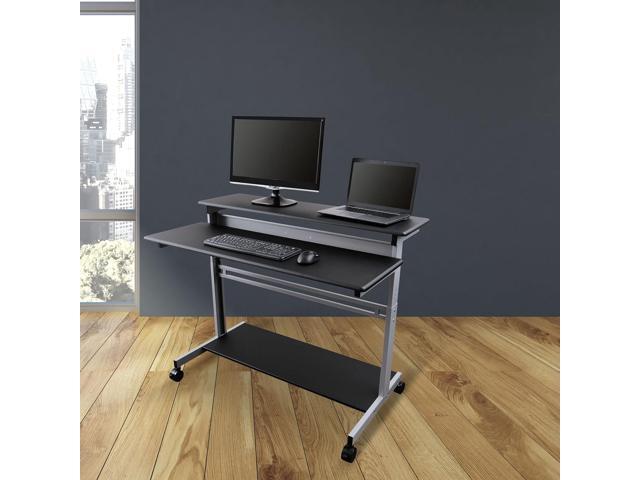 Stand Up Desk Store Rolling Adjustable Height Two Tier Standing Desk Computer Workstation (Silver Frame/Black Top, 48' Wide)